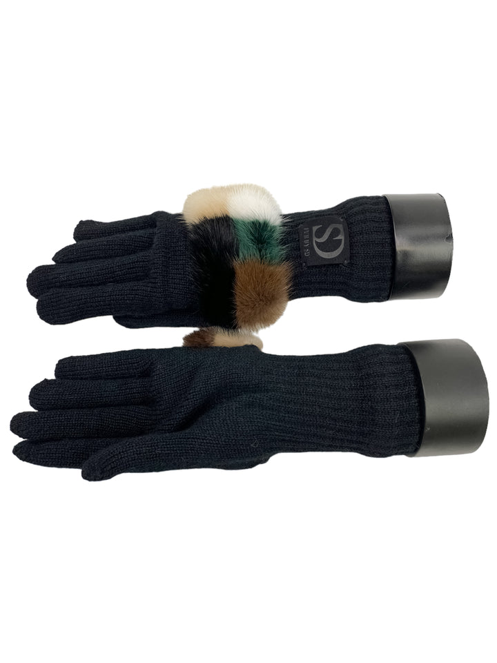 Fingered Black Gloves With Camouflage Mink Fur Details