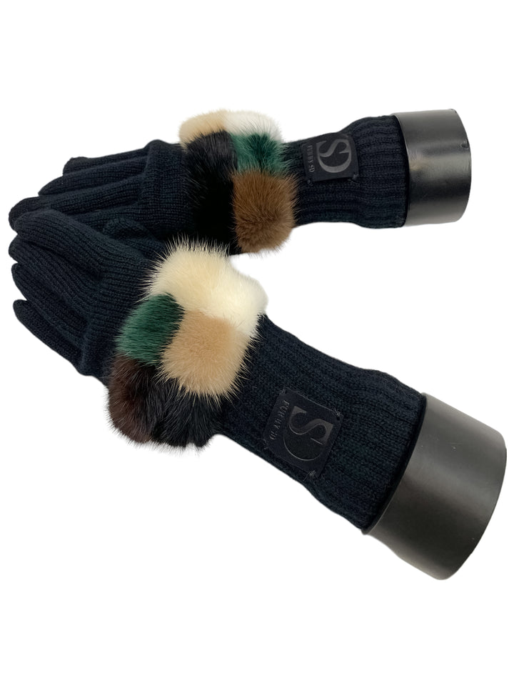 FurbySD Black Merino Wool Fingered Gloves With Real Mink Fur Details On Top