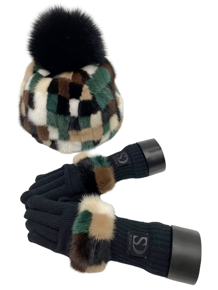 a beanie hat and black wool gloves with fur details