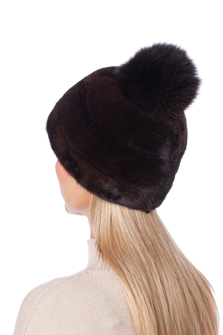 Brown Mahogany Mink Fur Hat With Fox Pom Pom