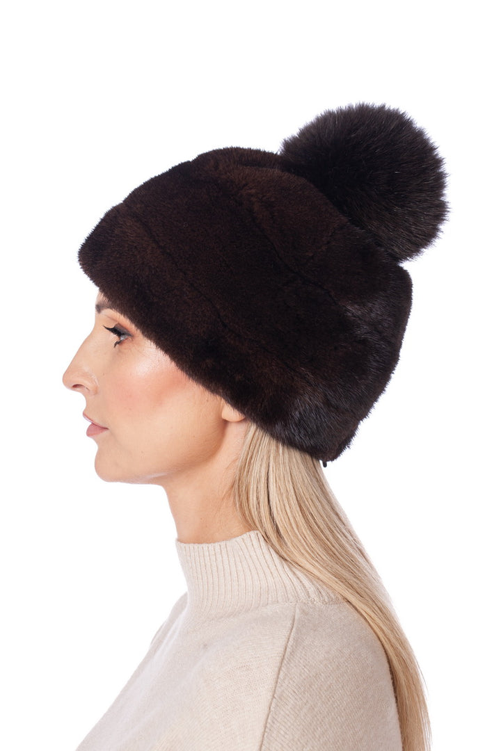 Brown Mink Fur Beanie Hat With Fox Pom Pom