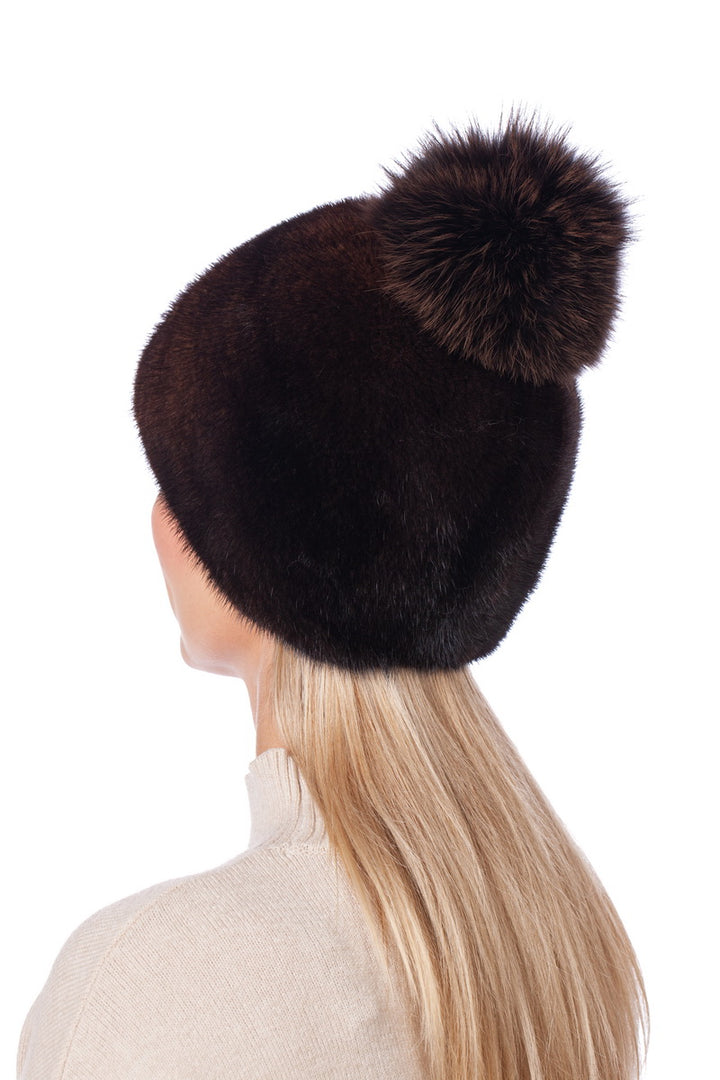 Brown Mink Fur Hat With Fox Fur Pom Pom