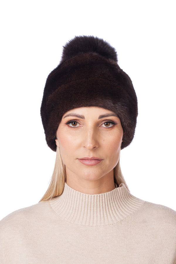 Brown Mink Fur Hat With Fox Pom Pom