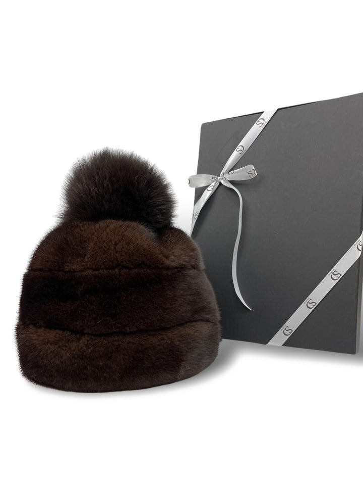 Brown Mink Fur Hat With Fox Pom Pom With A Gift Box By FurbySD