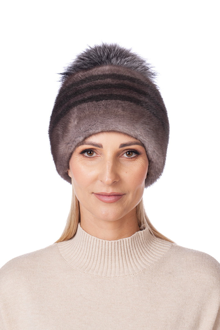 Brown Mink Fur Hat With Stripes And Silver Fox Bobble