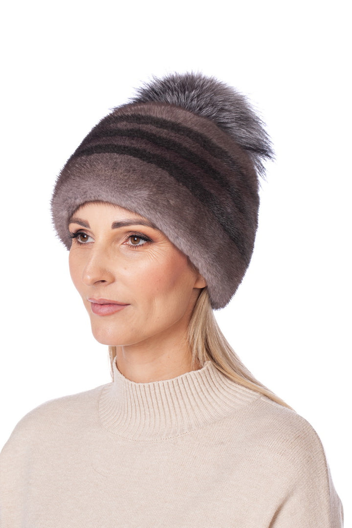 Brown Mink Fur Hat With Stripes And Silver Fox Pom Pom