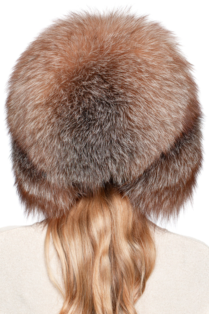 Rear close-up of fluffy Frost Fox Fur Trapper Hat – brown amber full fur design, handmade winter earflap ushanka hat.