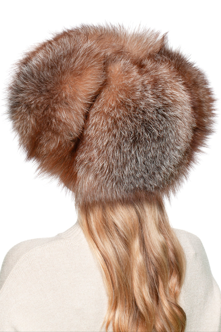 Back angle of Brown Frost Fox Fur Trapper Hat – fluffy oversized full fur design, handmade ushanka hat with warm ear coverage, perfect for extreme cold weather.