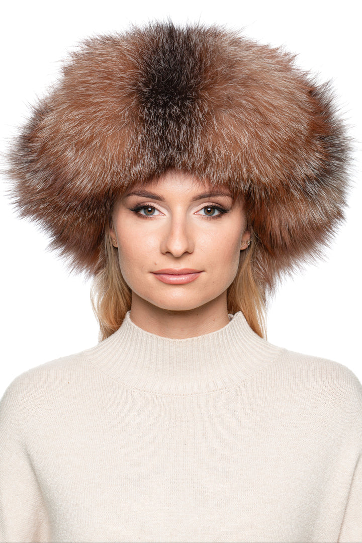 Front close-up of real Frost Fox Fur Ushanka Hat – oversized full fur trapper hat in brown amber, unisex luxury winter hat.