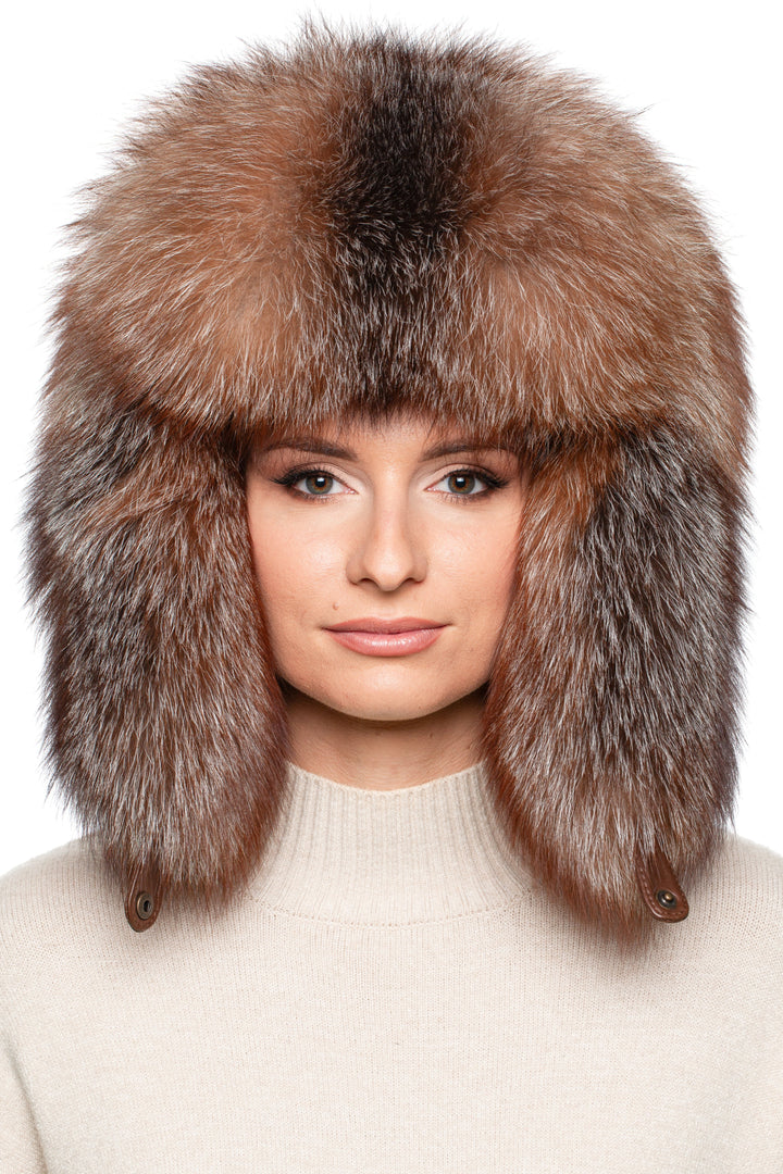 Front view of Brown Amber Frost Fox Fur Trapper Hat – oversized full fur ushanka hat for winter, unisex design with earflaps, handmade luxury ski hat.