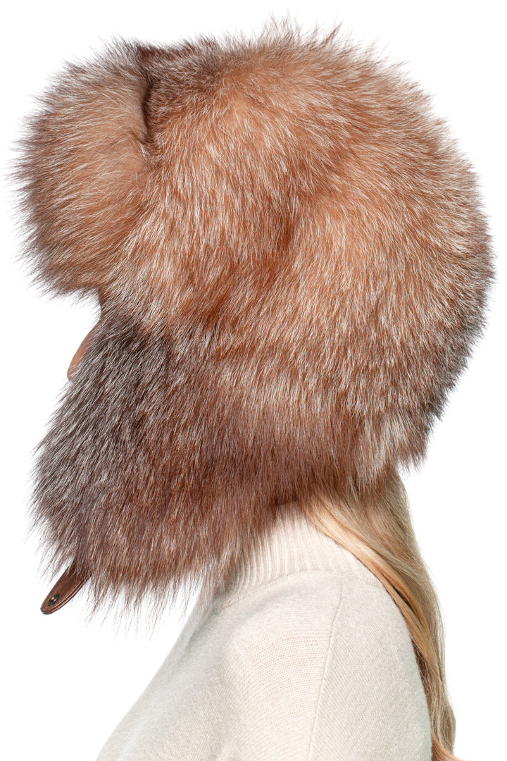 Side view of Brown Frost Fox Fur Trapper Hat – oversized fur earflap hat for extreme warmth, handmade winter ushanka cap.