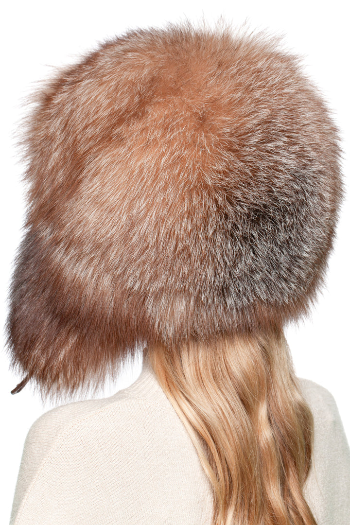 Back view of Brown Amber Frost Fox Fur Ushanka – full fur trapper hat with natural fox shades, luxury unisex winter hat.