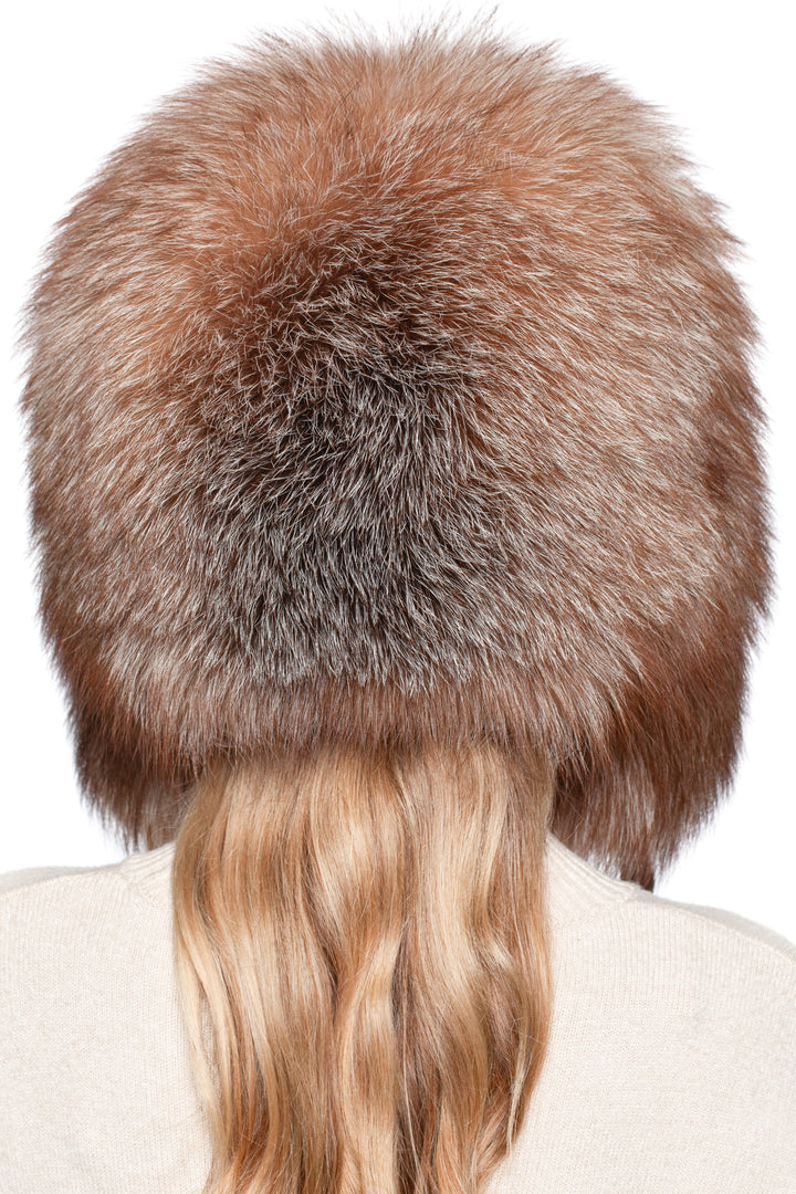 Rear close-up of fluffy Frost Fox Fur Trapper Hat – brown amber full fur design, handmade winter earflap ushanka hat.