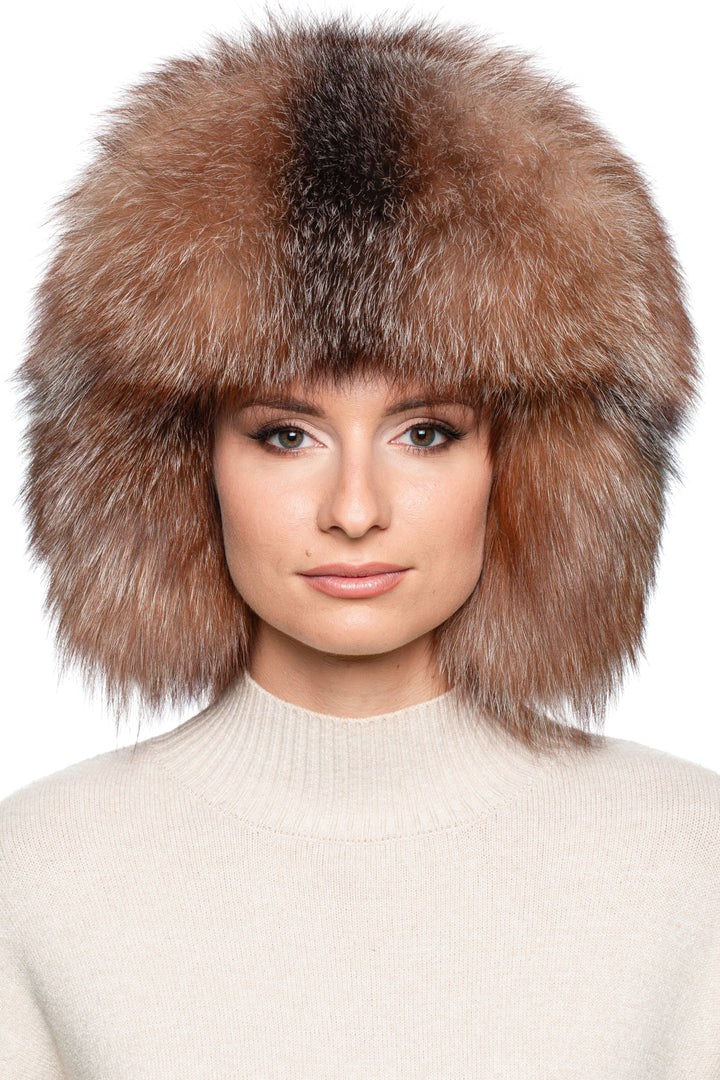 Handmade Brown Amber Frost Fox Fur Trapper Hat – oversized unisex ushanka with earflaps, luxury full fur winter ski cap.