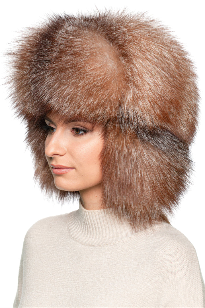 Profile close-up of Brown Amber Fox Fur Ushanka – oversized trapper hat with chin strap, warm full fur ski hat for men and women.