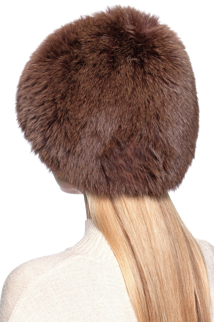 Brown fox fur knit beanie hat, showcasing luxurious texture and warm elegance from the back.