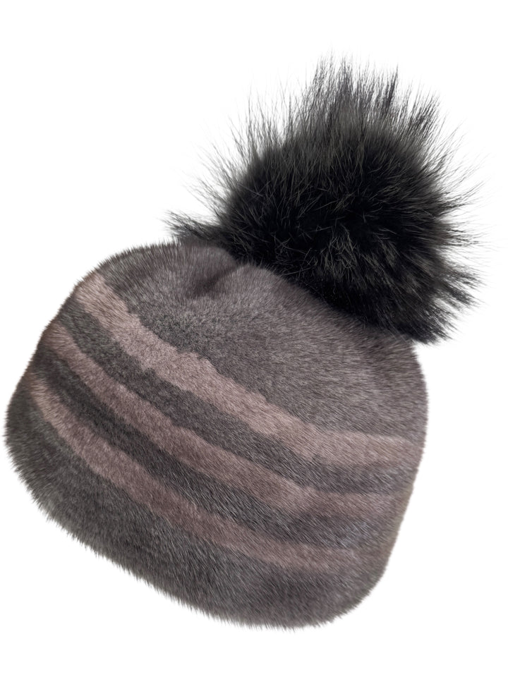 Brown mink fur beanie with stripes and fox fur pom pom – handmade luxury real fur hat for women, warm winter gift idea.
