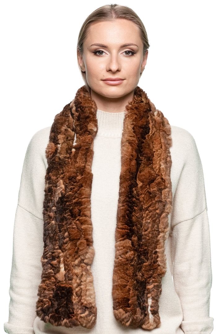 Straight front view of brown rex rabbit fur knitted scarf, naturally soft and lightweight — luxury winter wrap handmade for women.