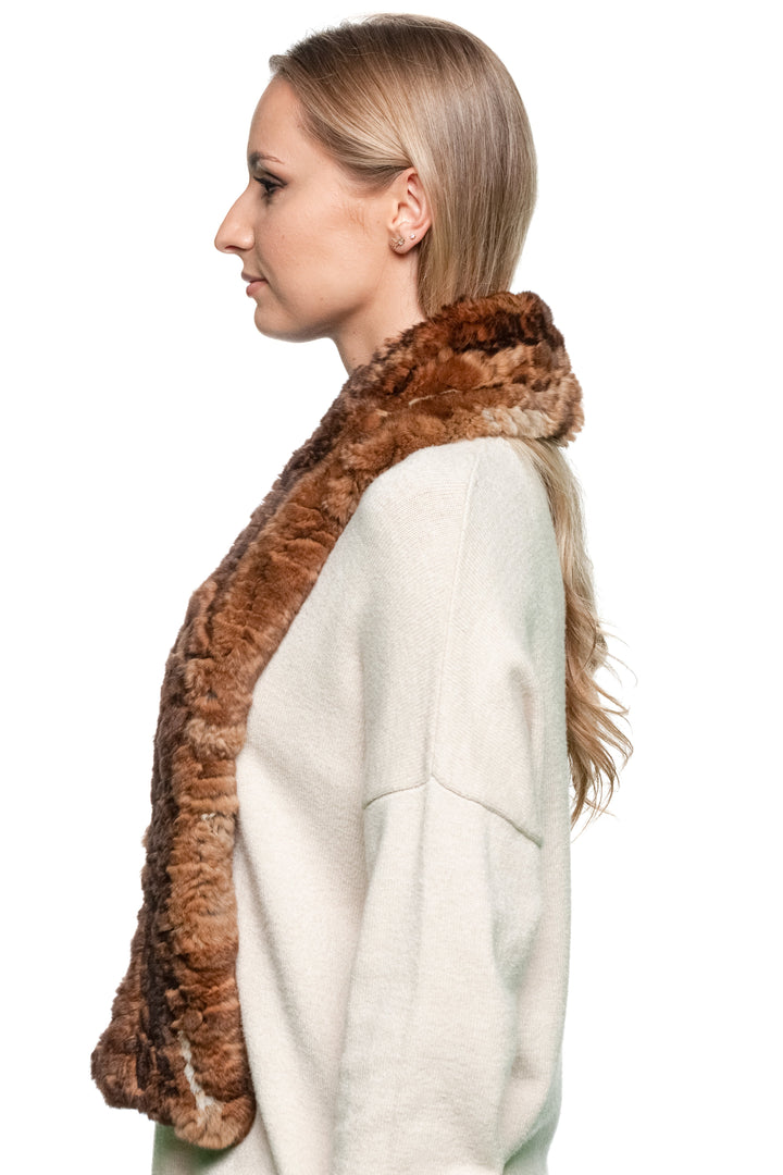 Side view of a brown rex rabbit fur scarf, showing plush knitted texture and rich warm tones — elegant handmade winter accessory for women.
