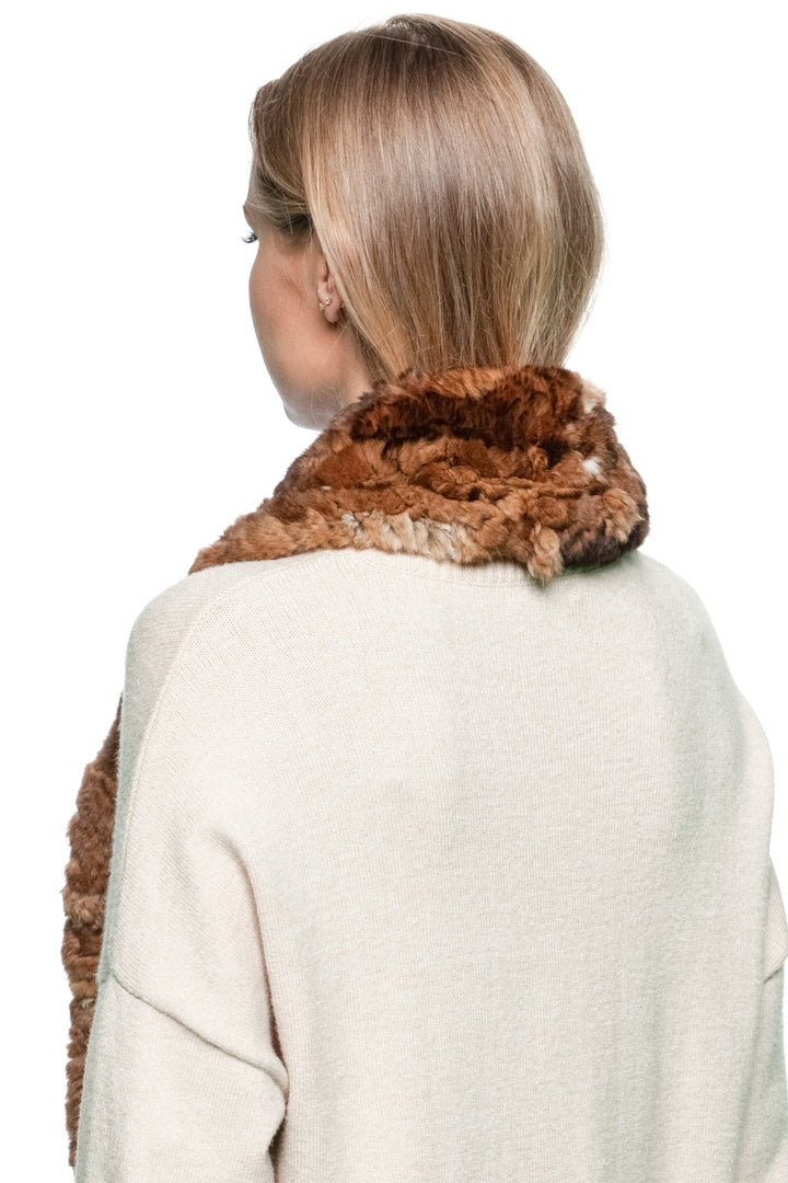 Brown rex rabbit fur scarf seen from behind, highlighting fluffy knitted texture and even fur pattern — cozy real fur wrap for cold weather.