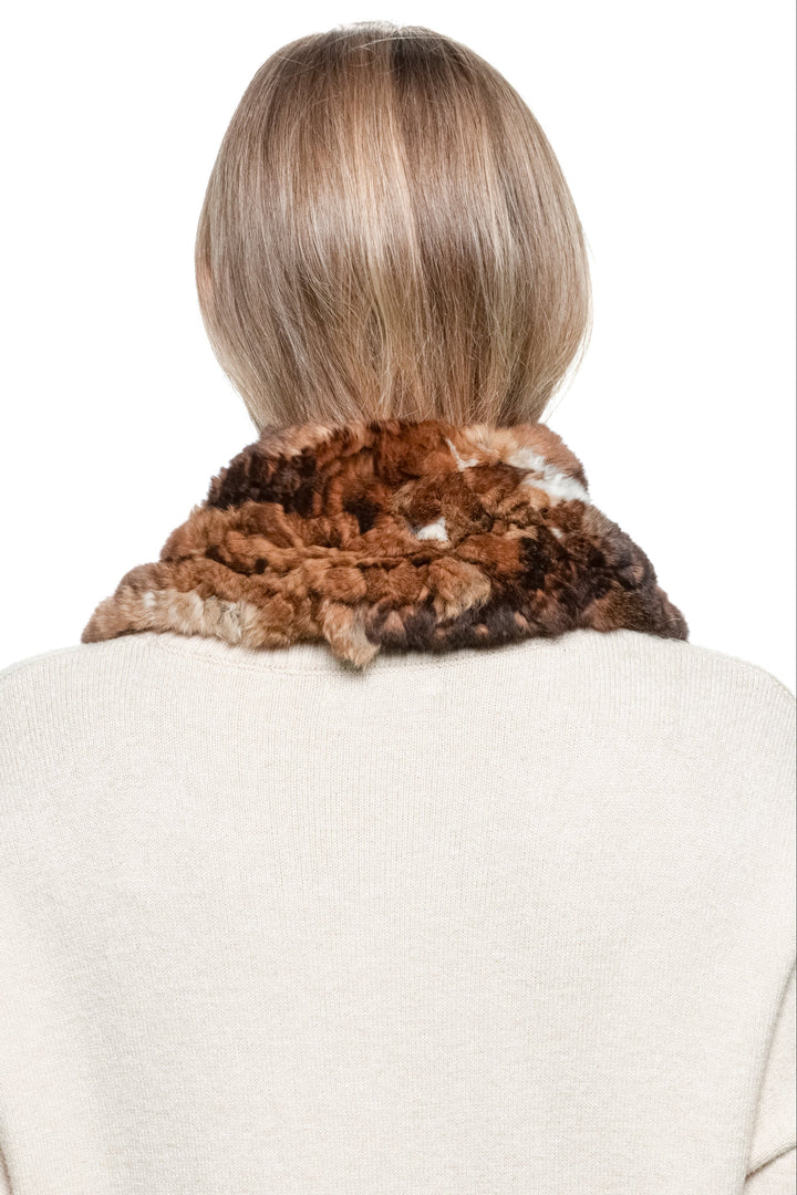 Back view of a long brown rex rabbit fur scarf wrapped around neck — natural soft fur texture, perfect for winter warmth and style.