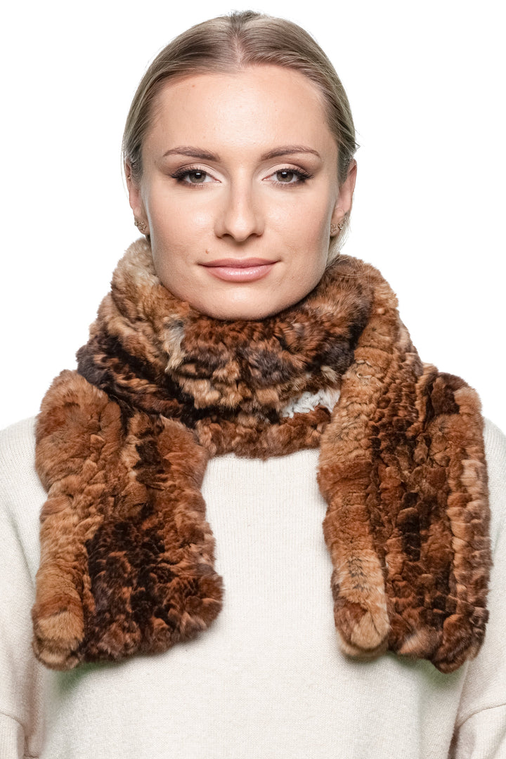 Front view of a woman modeling a brown rex rabbit fur scarf — handcrafted knitted fur scarf with elegant volume and warmth.