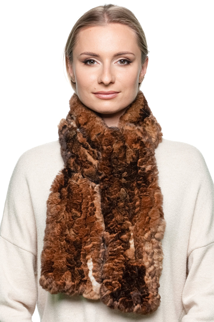 Front close-up of brown rex rabbit fur scarf, soft knitted real fur design for women — plush warm scarf for elegant winter styling.