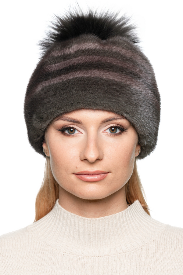 Luxury brown mink fur beanie with stripes and black fox fur pom pom – handmade real fur winter hat for women by FurbySD.