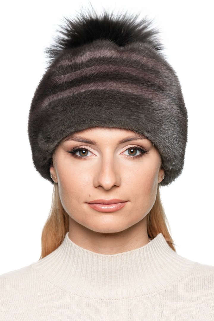 Luxury brown mink fur beanie with stripes and black fox fur pom pom – handmade real fur winter hat for women by FurbySD.