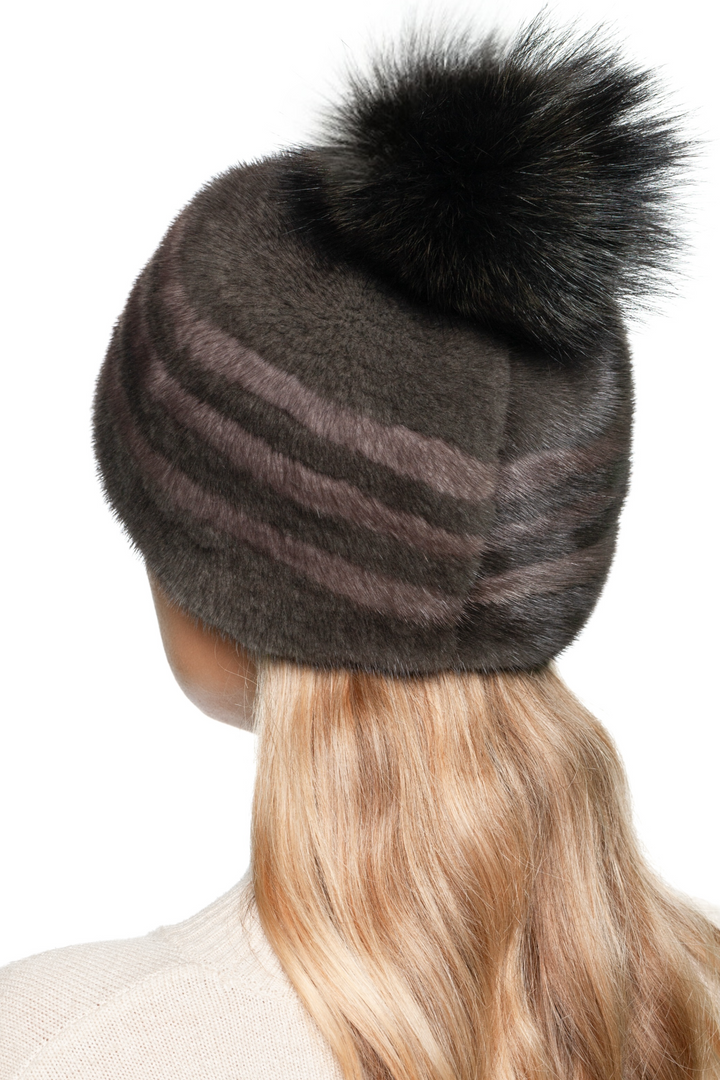 Brown mink fur beanie with stripes and fox fur pom pom – handmade luxury real fur hat for women, warm winter gift idea.