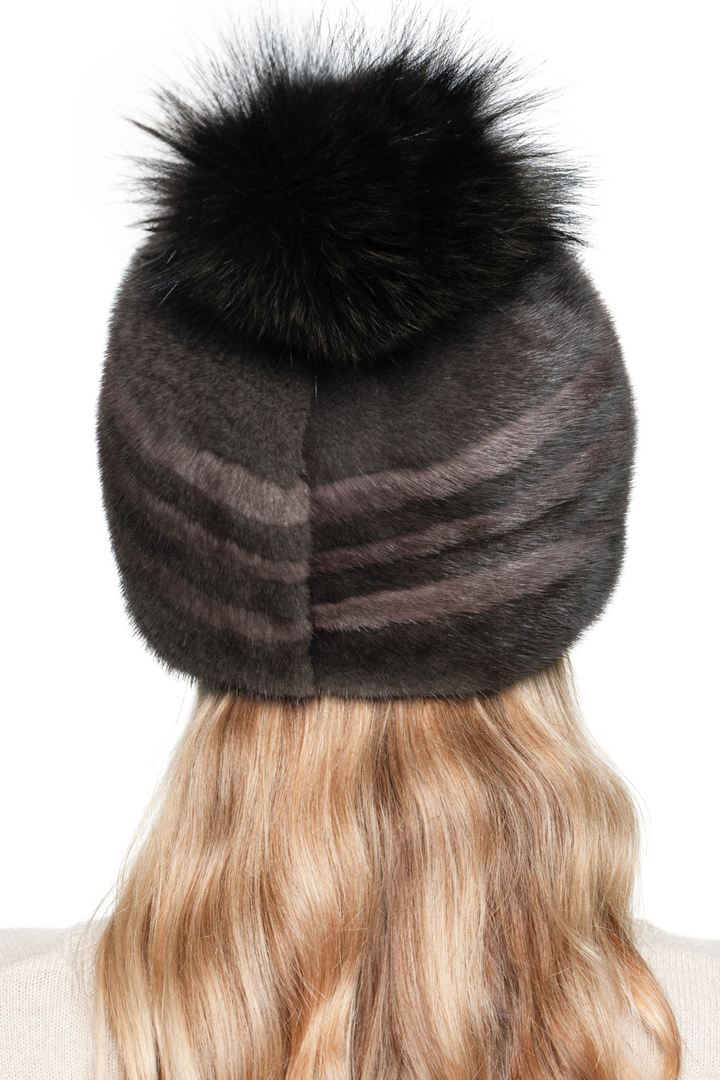 Striped brown mink fur winter hat with black fox fur pom pom – handmade women’s luxury beanie by FurbySD.