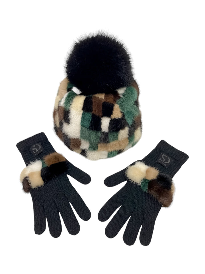 Checkered Mink Fur Hat And Matching Gloves Set