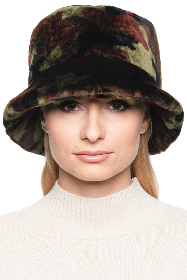 Front view of camo sheepskin fur bucket hat for winter – unisex camouflage lambskin cap with soft brim, handmade warm outdoor hat by FurbySD
