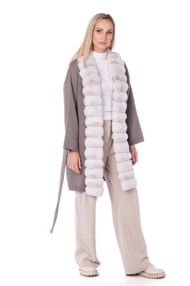 Chinchilla Fur Trim Beige Cashmere Cardigan