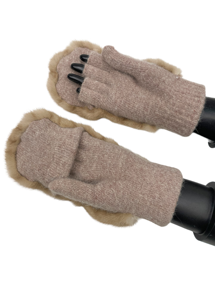 Cashmere And Mink Fur Flip Top Mittens In Camel Brown