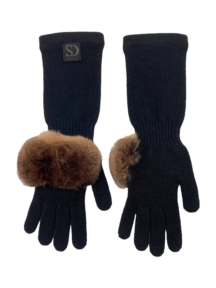 Cashmere Gloves With Long Wrist And Brown Chinchilla Fur