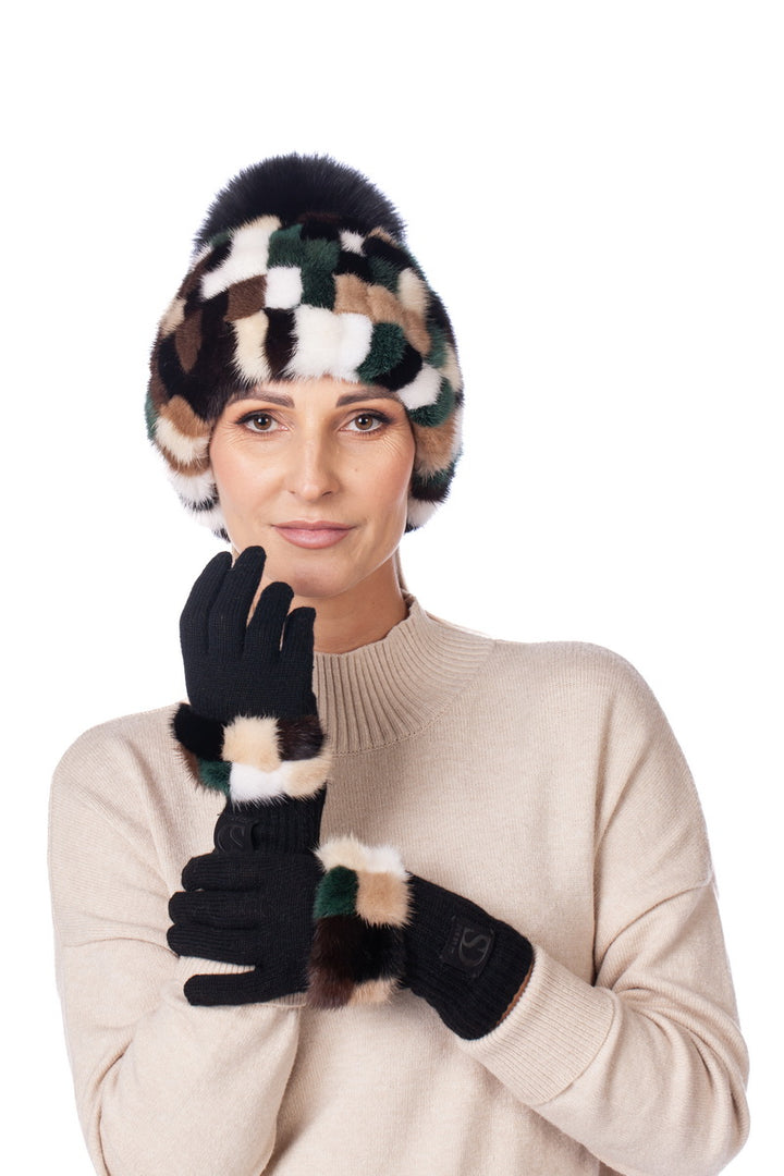 Check Mink Fur Hat And Matching Cashmere Gloves Set