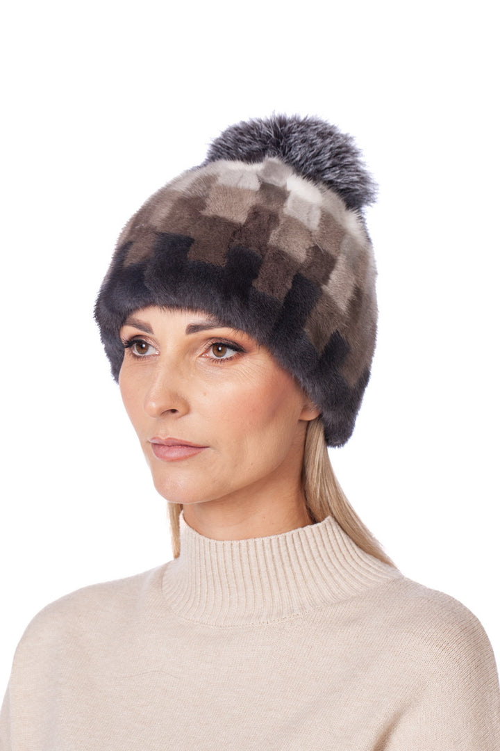 Checkered Mink Fur Hat With Fur Pom Pom
