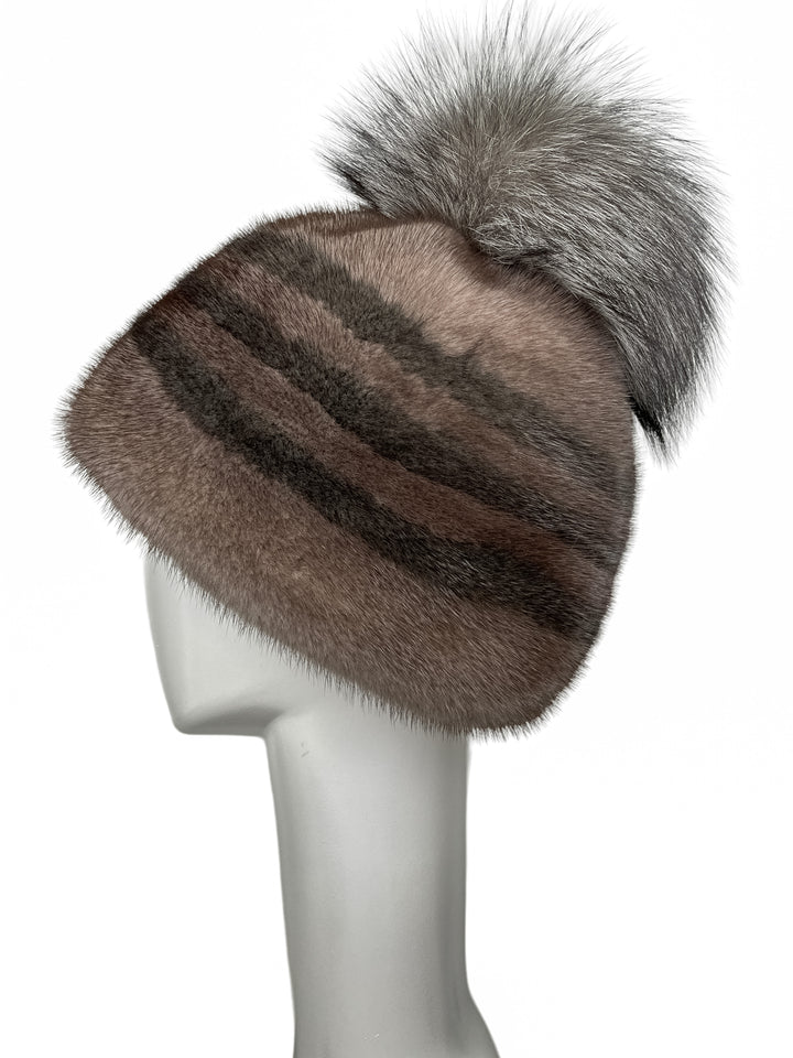 Chic and Warm Brown Mink Fur Hat with Silver Fox Accent