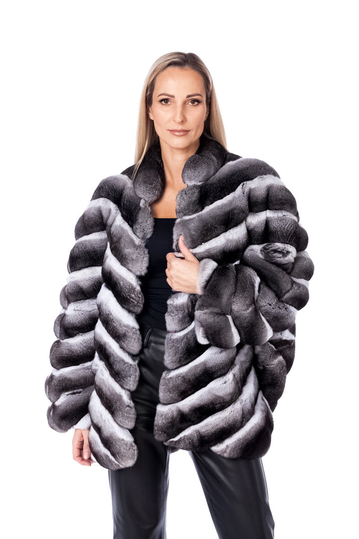 Chinchilla Fur Coat With Wide Sleeves Open Front