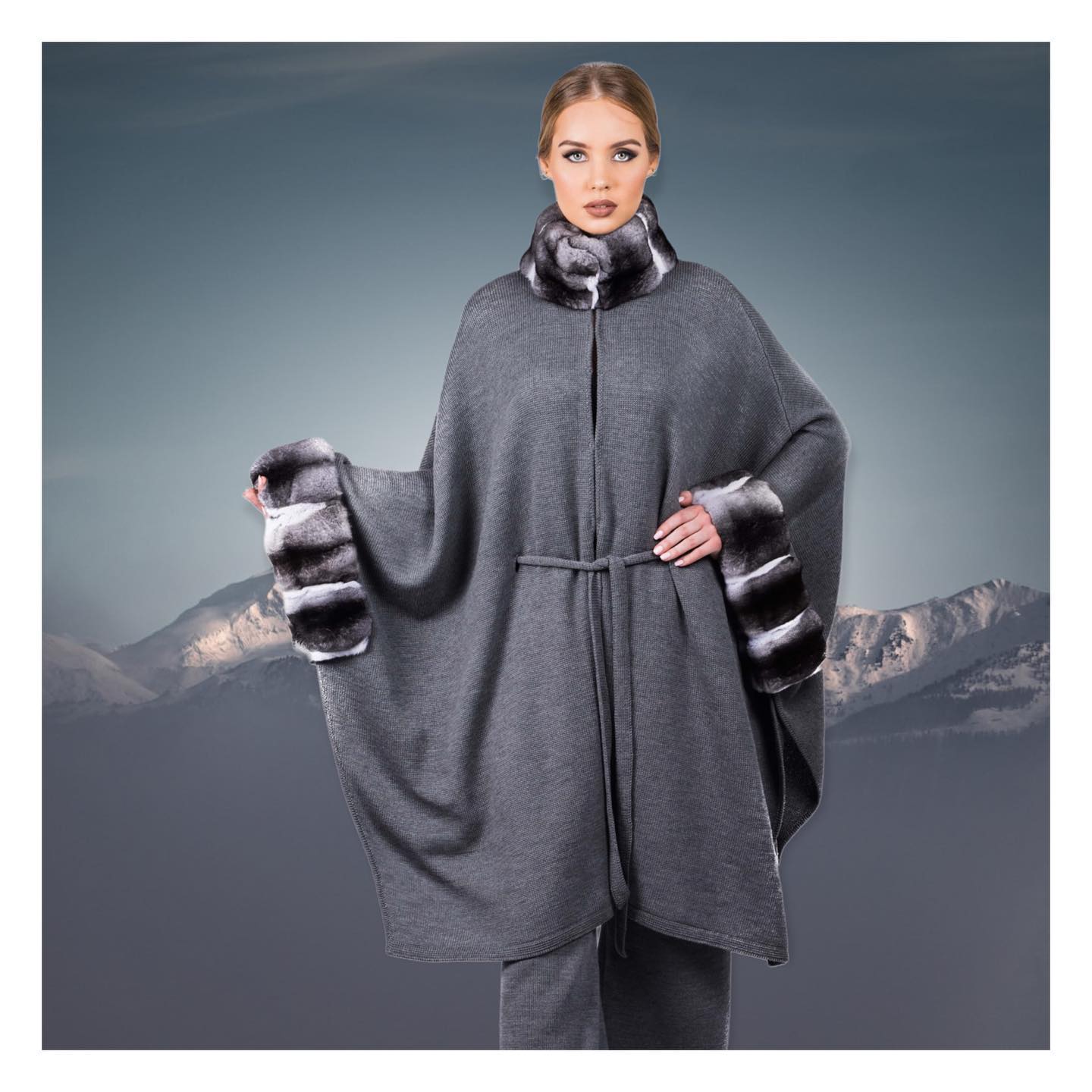 Chinchilla fur and cashmere poncho