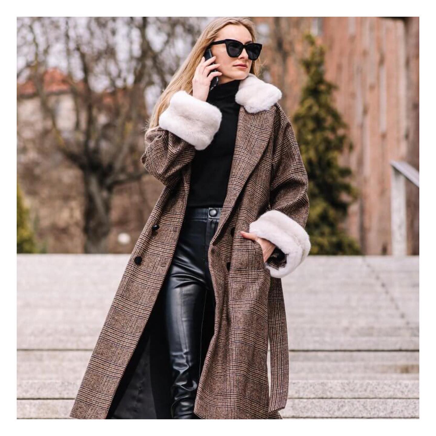 Chinchilla fur trimmed wool check coat