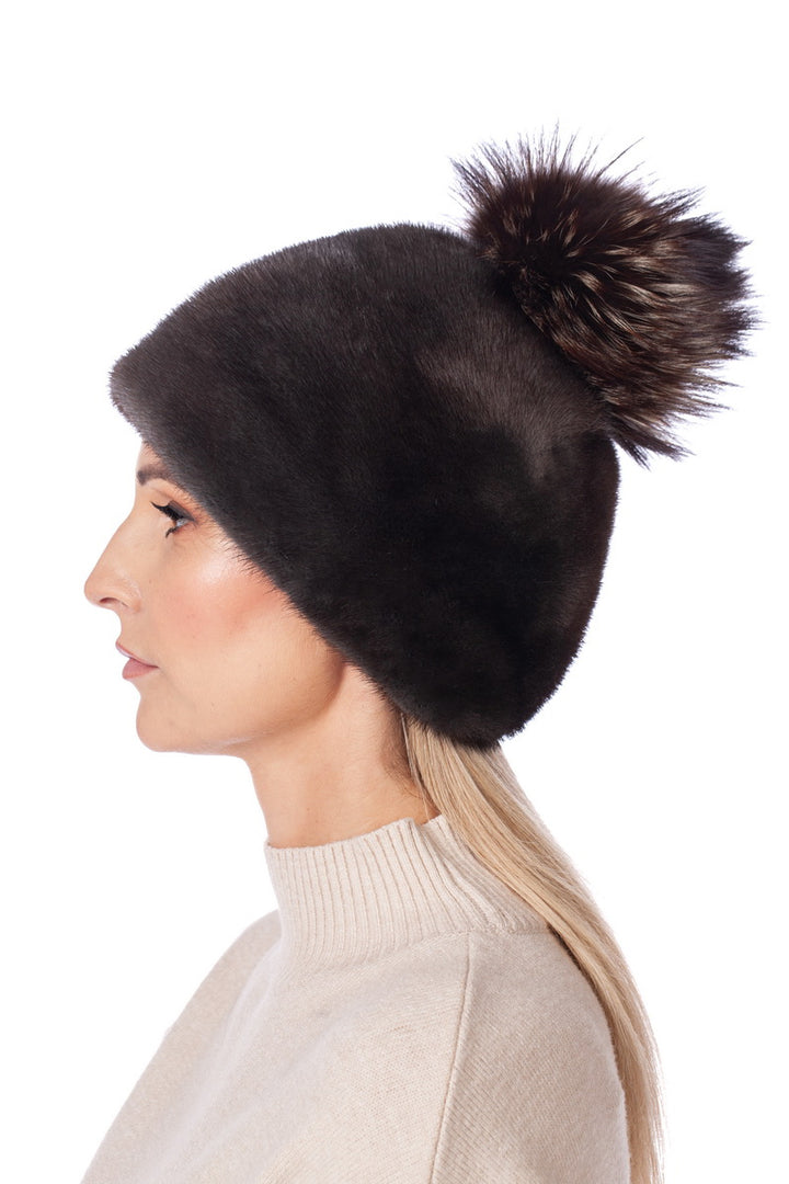 Dark Brown Mink Fur Hat With Fox Fur Bobble