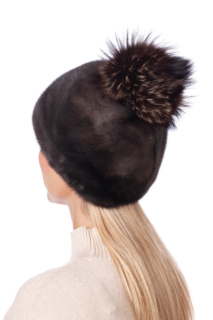 Dark Brown Mink Fur Hat With Fox Fur Pom Pom