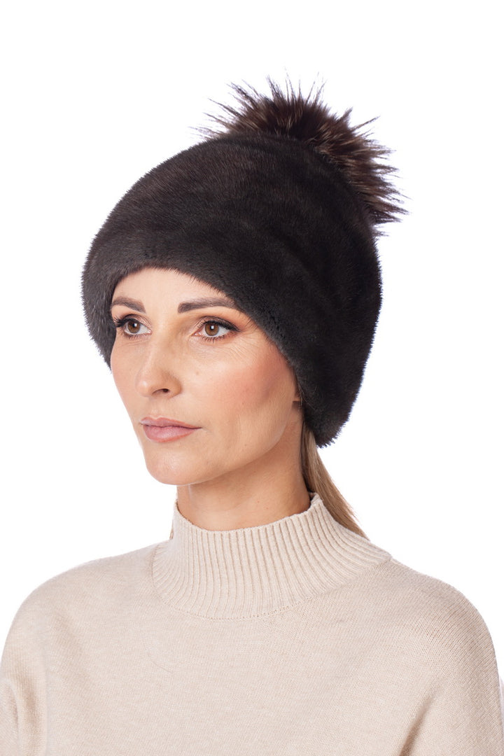Dark Brown Mink Fur Hat With Fur Pom Pom