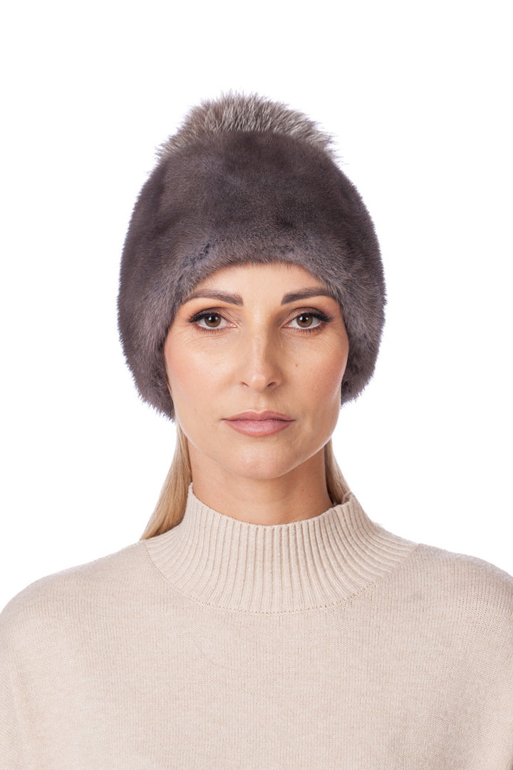Dark Grey Mink Fur Hat With Fur Bobble