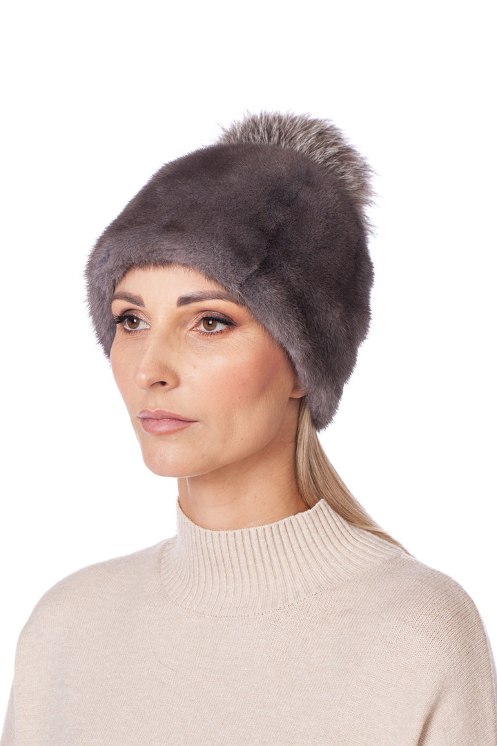 Dark Grey Mink Fur Hat With Fur Pom Pom