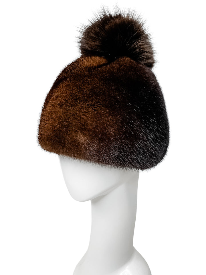 Dark Reddish Brown Mink Fur Hat With Fox Fur Bobble