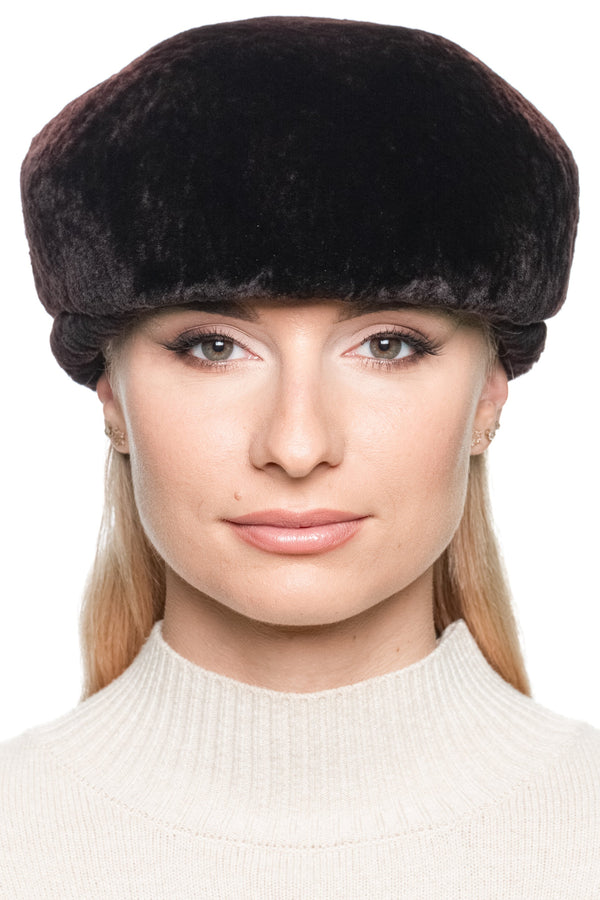Front view of Dark Brown Lamb Fur Beret Hat, handmade from South African lamb fur by FurbySD, styled in a classic beret position.