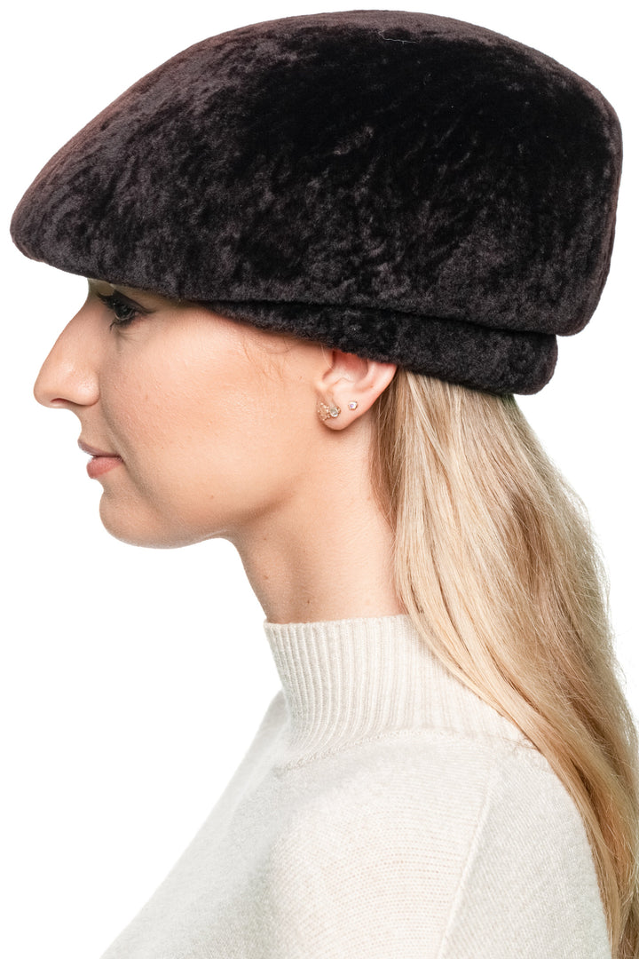 Side profile of Dark Brown Lamb Fur Beret Hat, genuine South African lamb fur, handmade by FurbySD, styled as a sleek beret cap.